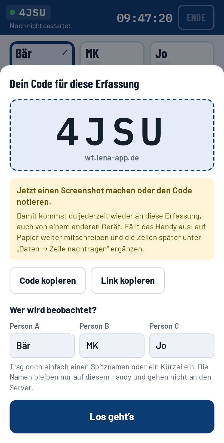 Code-Anzeige nach dem Anlegen einer Erfassung mit Feldern für die Namen