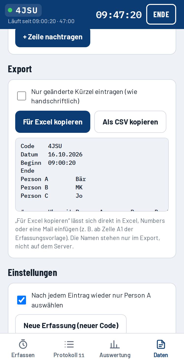Daten-Reiter mit Export-Buttons und Vorschau