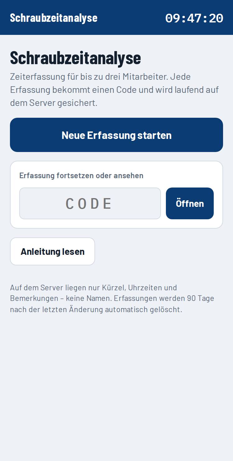 Startseite mit Button für neue Erfassung und Feld für den Code